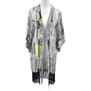 Boho Artsy Fringe Open Front Sheer Abstract Kimono OS